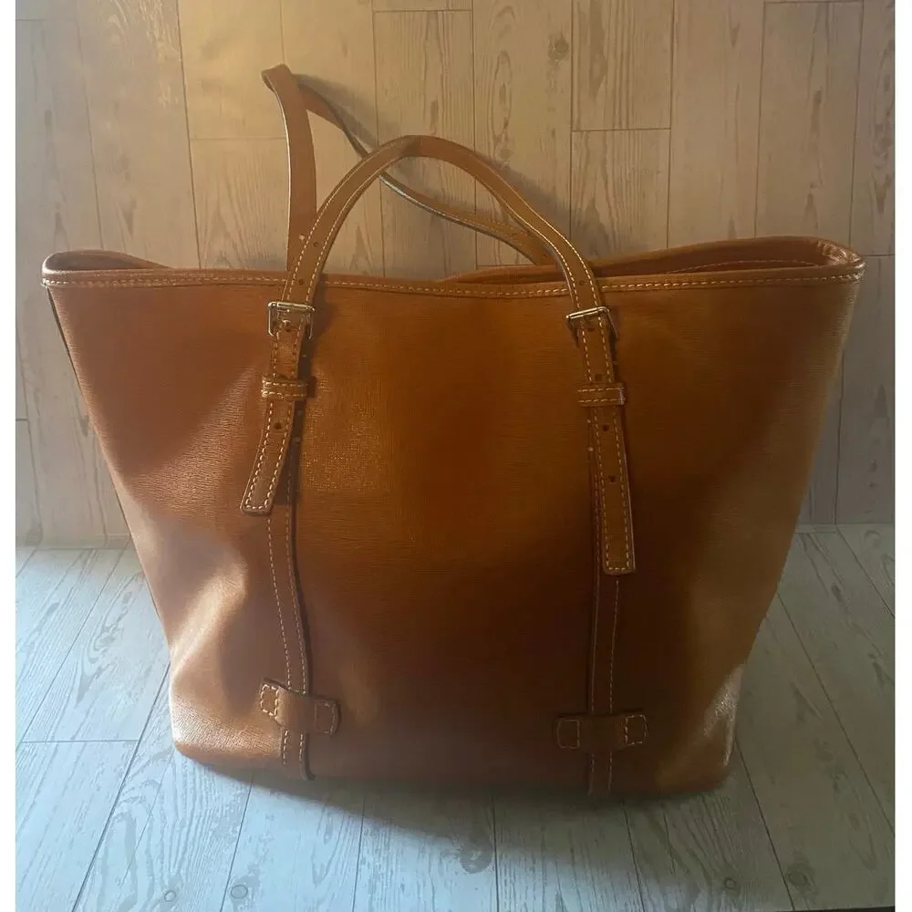 Dooney & Bourke Saffiano Leather Large Tote Bag Tan Cognac Shoulder Purse - Picture 1 of 8